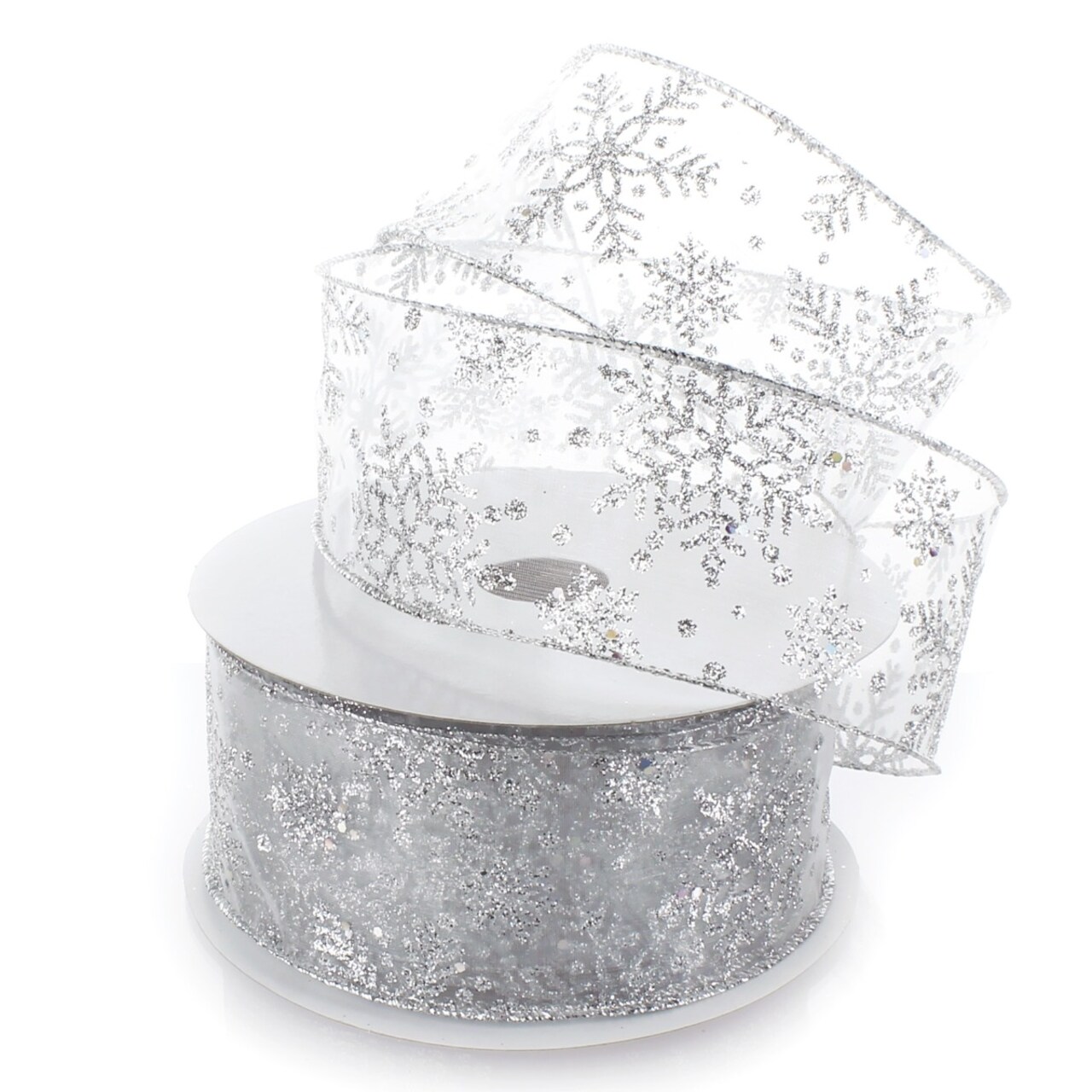 2 1/2" Wired Ribbon Glitter Snowflakes Sheer Silver - 10 Yards